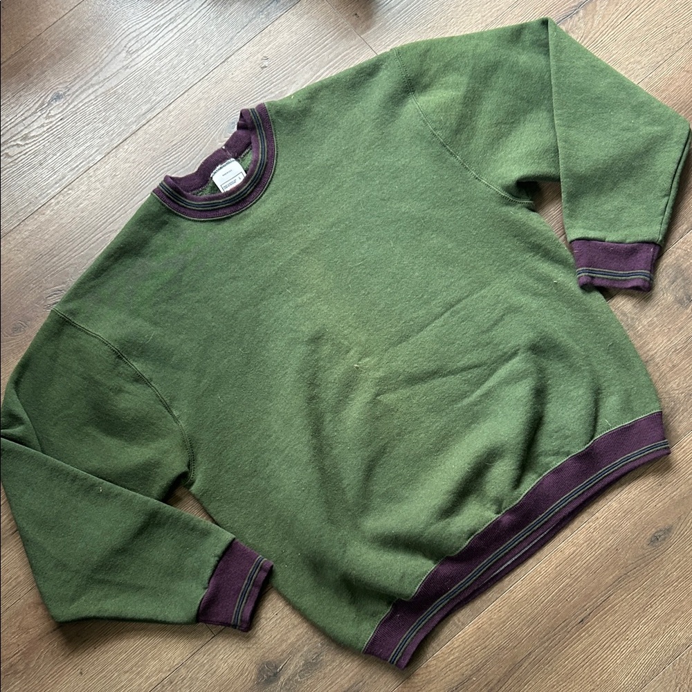 Wilson Vintage made in USA Olive Green Crewneck Sweater with Plum Trim ! Large